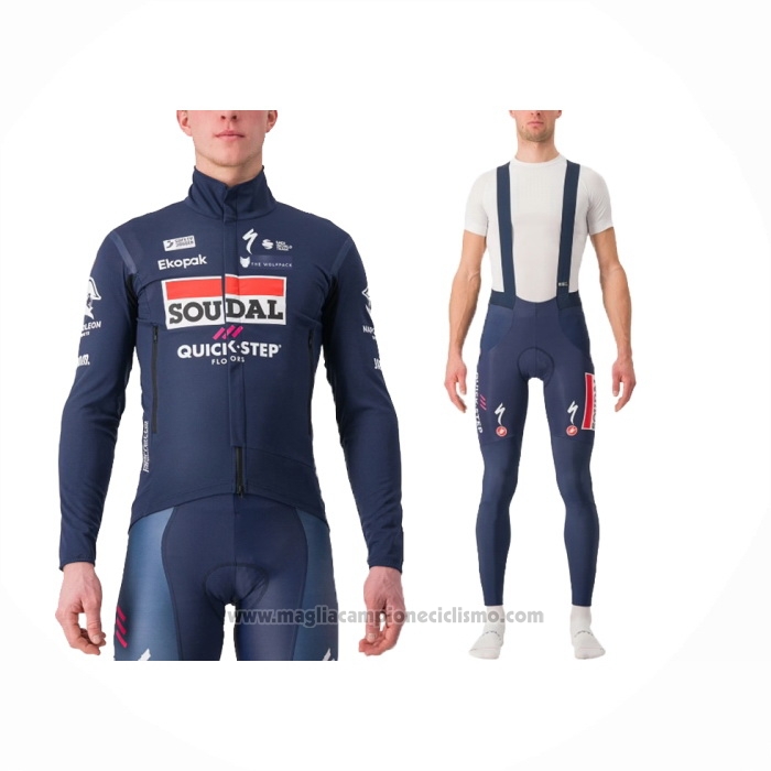 2024 Abbigliamento Ciclismo Deceuninck Quick Step Spento Blu Bianco Manica Lunga e Salopette